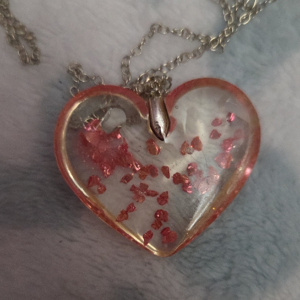 NECKLACE, Heart Pendant with Pink Accents Resin Handmade - Picture 3 of 4